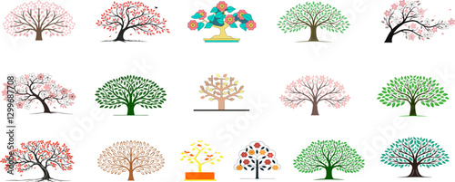 Collection of Simple Tree Illustrations. Vector Nature Graphics in Various Shapes and Colors.