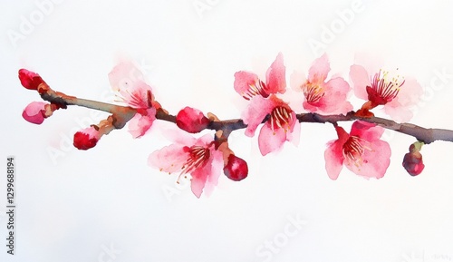 Delicate watercolor painting of a blossoming pink branch.