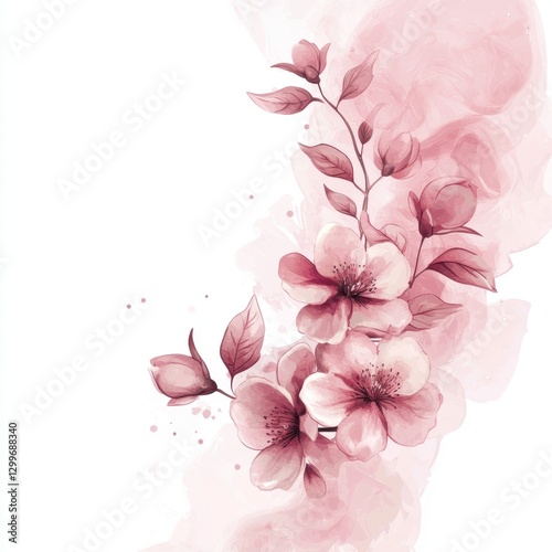 Delicate watercolor pink flowers and leaves.