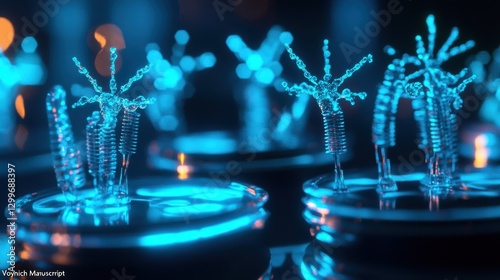 Bioluminescent Escherichia coli flagellum symphony installation, ultra-detailed macro photography of microbial quorum sensing, nanoscale whip-like structures emitting pulsating light waves