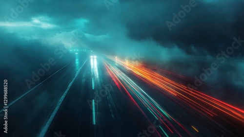 Headlights Illuminate Foggy Road with Colorful Streaks