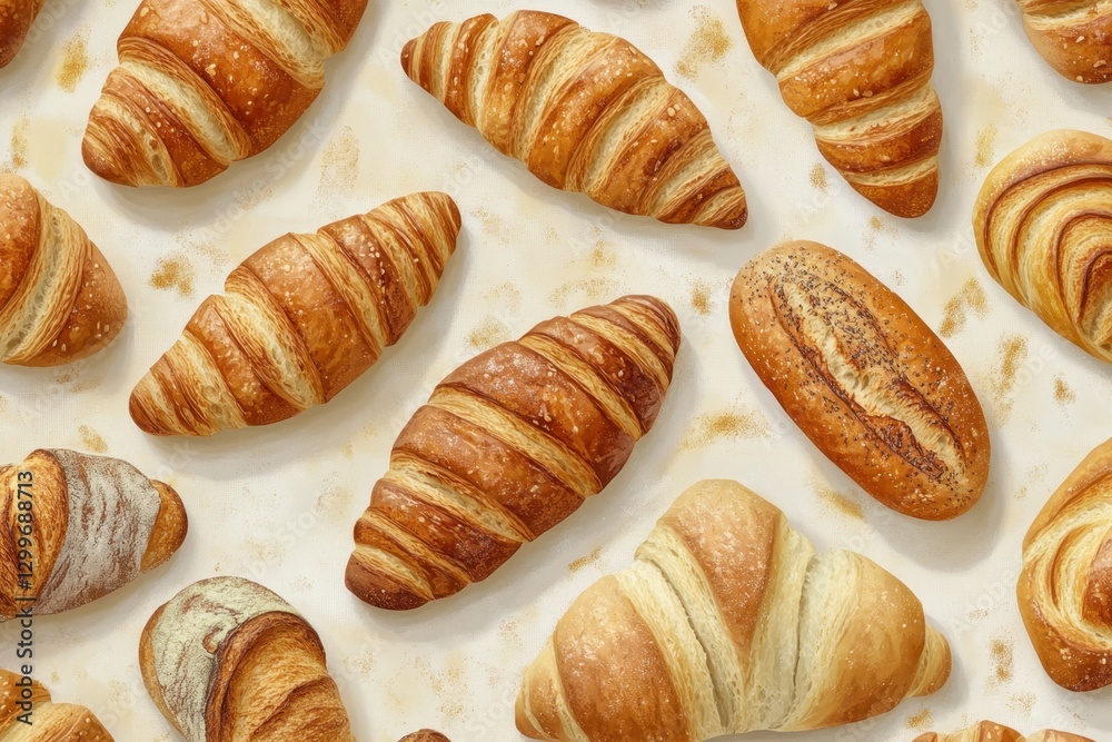 Fototapeta premium Freshly Baked Assortment of Artisan Breads and Croissants on Surface