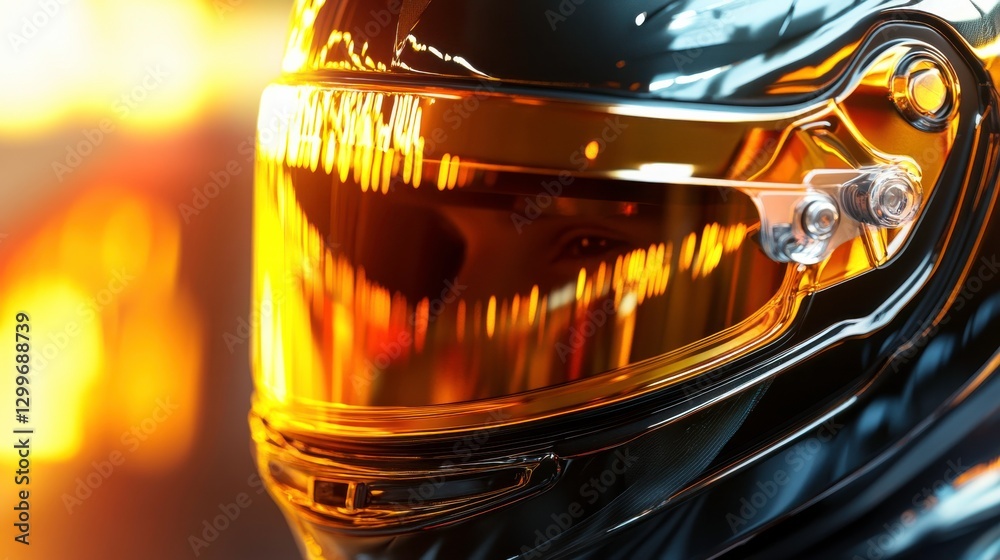 Naklejka premium Helmet Visor Reflecting a Vibrant Sunset Glow