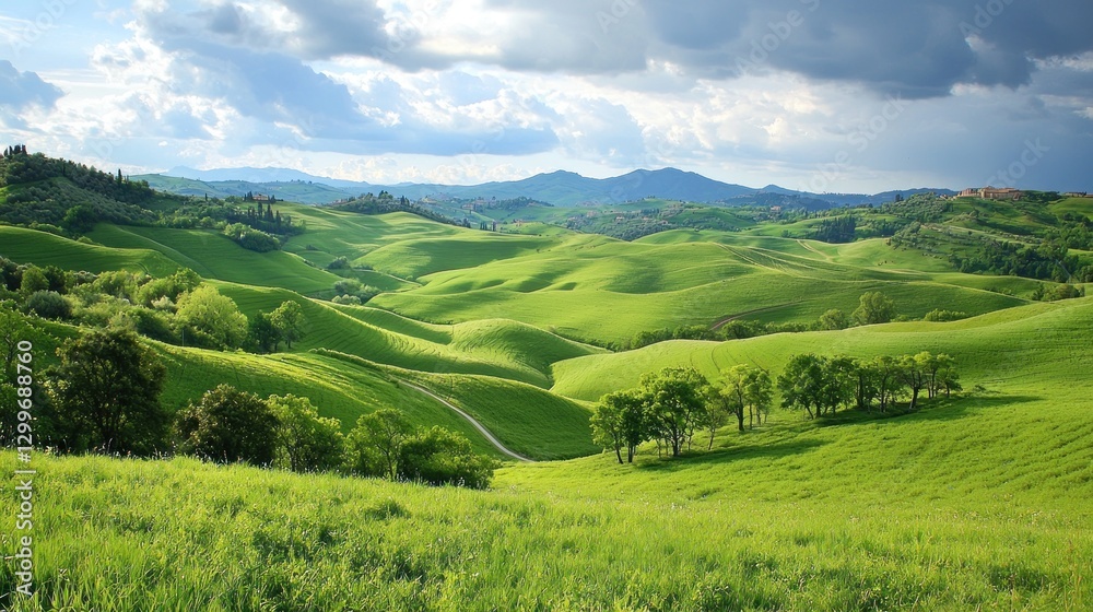 Rolling green hills under a partly cloudy sky. Rolling green hills under a partly cloudy sky.