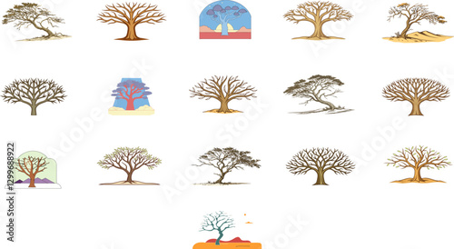 Collection of Simple Tree Illustrations. Vector Nature Graphics in Various Shapes and Colors.