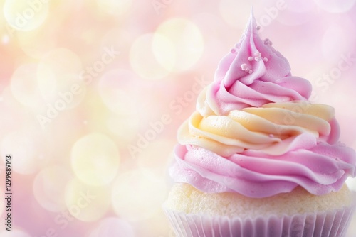 Delicious pink and yellow cupcake with frosting on bokeh background.
