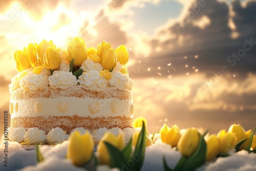 Delicious yellow tulip decorated cake at sunset.