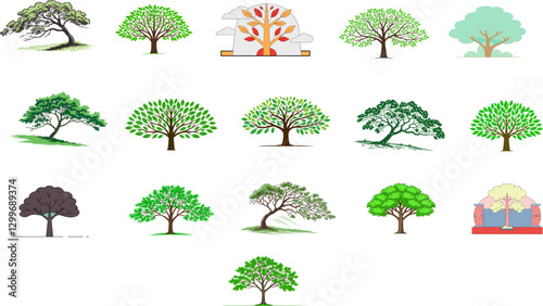 Collection of Simple Tree Illustrations. Vector Nature Graphics in Various Shapes and Colors.