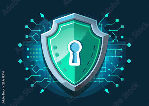 A digital illustration of a shield with a keyhole, surrounded by a network of interconnected nodes and lines, representing cybersecurity, data protection, or VPN services.