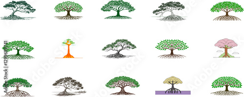 Collection of Simple Tree Illustrations. Vector Nature Graphics in Various Shapes and Colors.