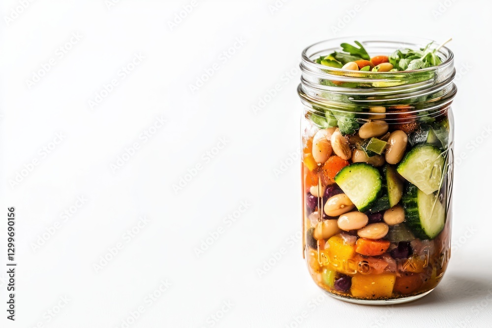 Nutritious Bean Salad in Glass Jar on White Tabletop Appetizing Vegan Meal Prep Photography Nutritious Bean Salad in Glass Jar on White Tabletop Appetizing Vegan Meal Prep Photography