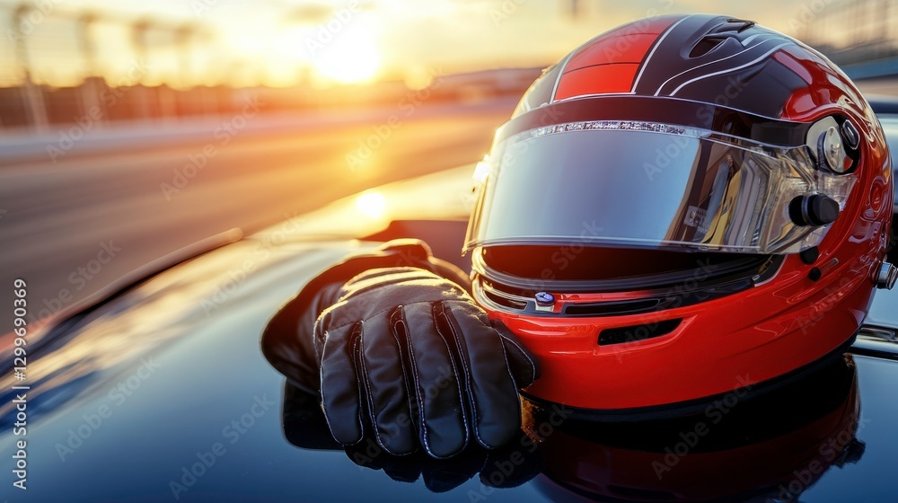 Fototapeta premium Racing Helmet and Gloves on Sports Car Hood at Sunset
