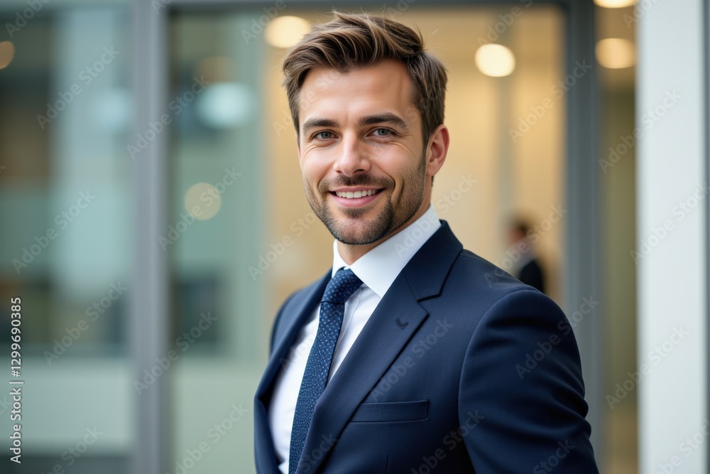 Fototapeta premium Confident Young Caucasian Male Business Professional in Suit Smiling in Modern Office Environment, Symbolizing Success and Career Advancement