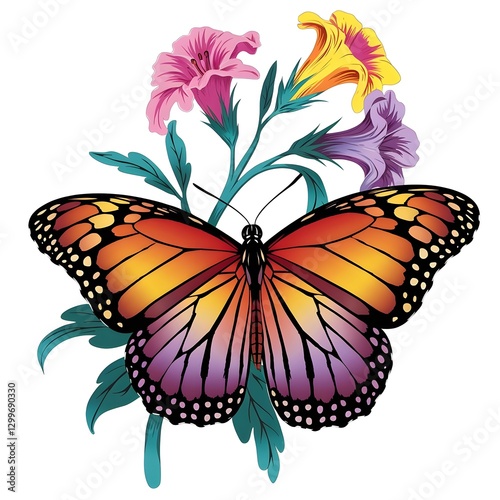 A charming design made of vibrant flowers and butterflies