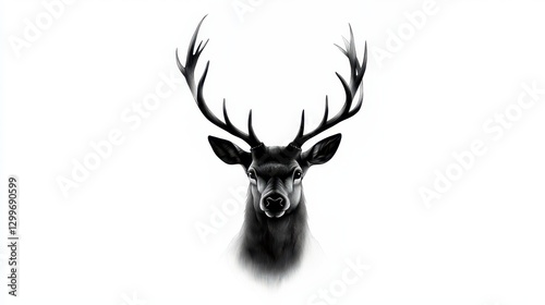 A striking black and white illustration of a stag's head, showcasing intricate antlers and a powerful presence against a plain background.