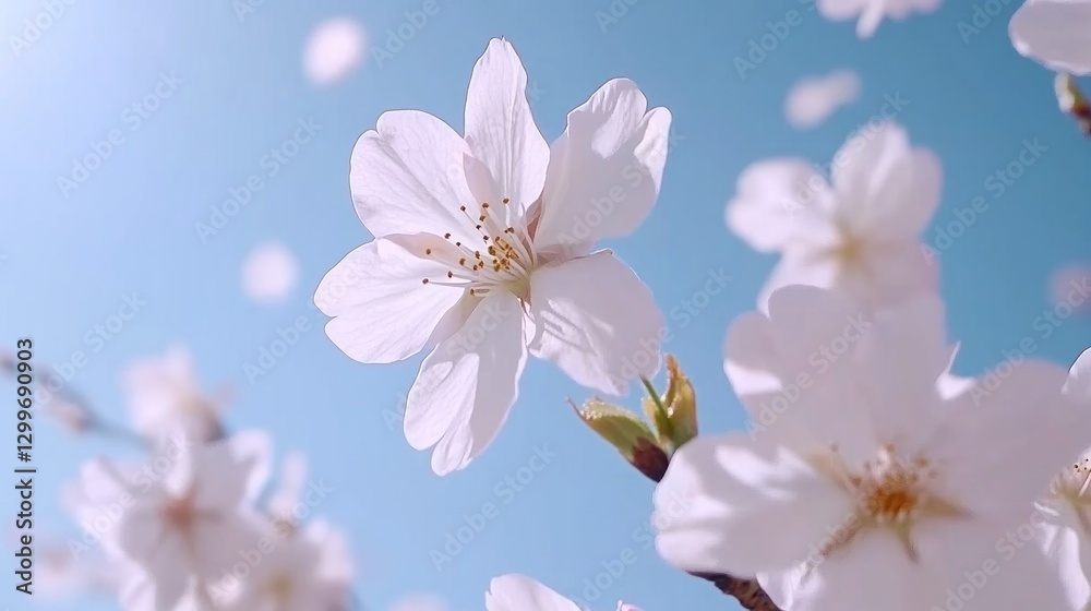 Cherry blossoms bloom against a blue sky, petals falling, symbol of spring and renewal Cherry blossoms bloom against a blue sky, petals falling, symbol of spring and renewal