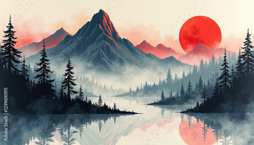 Mountain Landscape Sumi-e Sunset For Nature Websites Hiking Blogs Adventure Travel Content photo