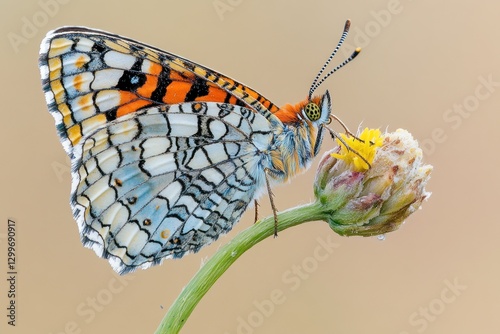 Detailed close-up of a butterfly with intricate wing patterns feeding on a flower bud.