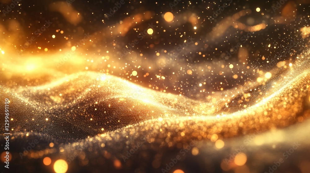 Naklejka premium Golden light waves shimmering in the air, resembling a magical energy field, with a dark and dreamy background.