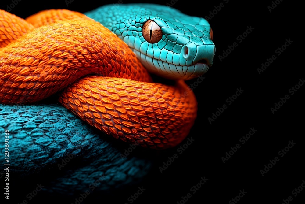 Fototapeta premium Vibrant azure and tangerine snake coils against inky black background