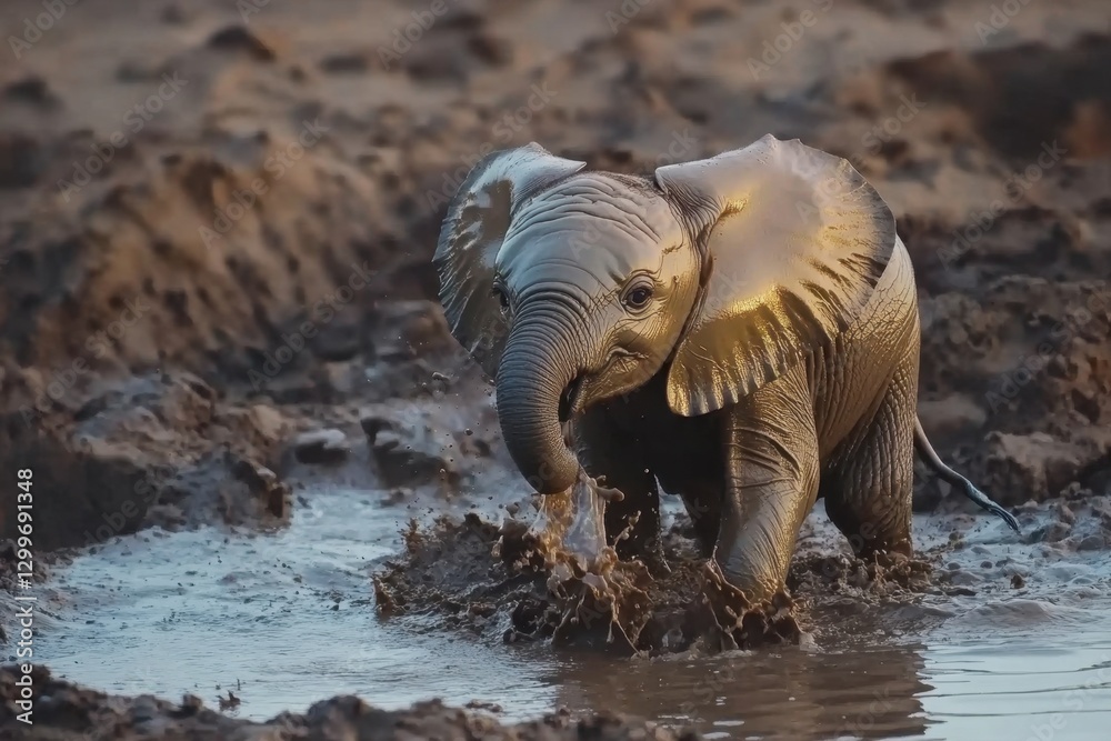 Fototapeta premium Baby Elephant Playing in Muddy Water with Joyful Expression