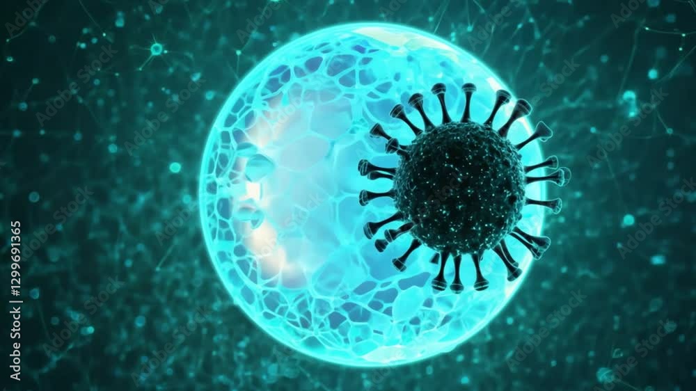 A digital illustration of a virus cell in blue with a microscopic view, symbolizing medical research, microbiology, health risks, disease awareness, and pandemic studies
