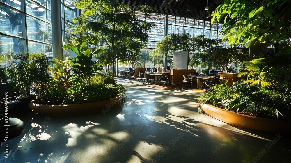 Fototapeta premium Sunlit atrium with lush greenery and modern workspace.