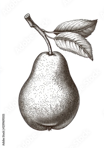 Detailed engraved illustration of a ripe pear with leaves and stem.