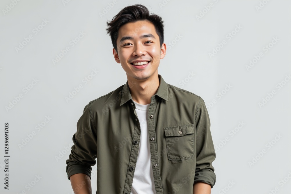 Portrait of a Smiling Young Asian Male in Casual Olive Green Shirt, Seated Against a Simple Light Background, Exuding Confidence and Approachability Portrait of a Smiling Young Asian Male in Casual Olive Green Shirt, Seated Against a Simple Light Background, Exuding Confidence and Approachability