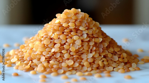 Pile of golden wax pellets on marble surface