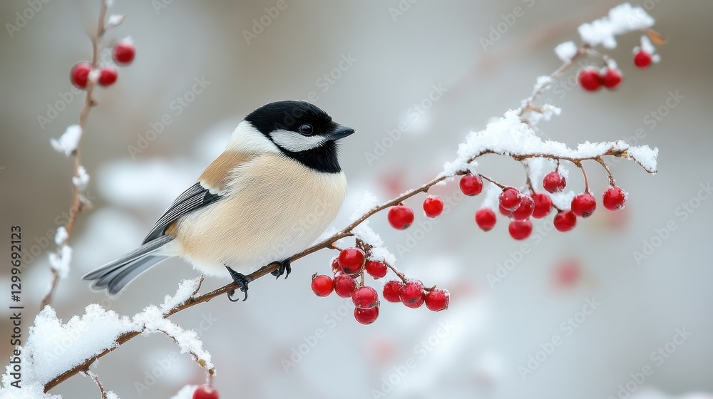 Naklejka premium Winter bird feeding on berries snowy landscape wildlife photography nature close-up serenity