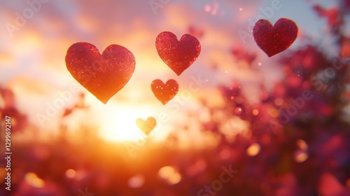 Sunset hearts field love romance greeting card