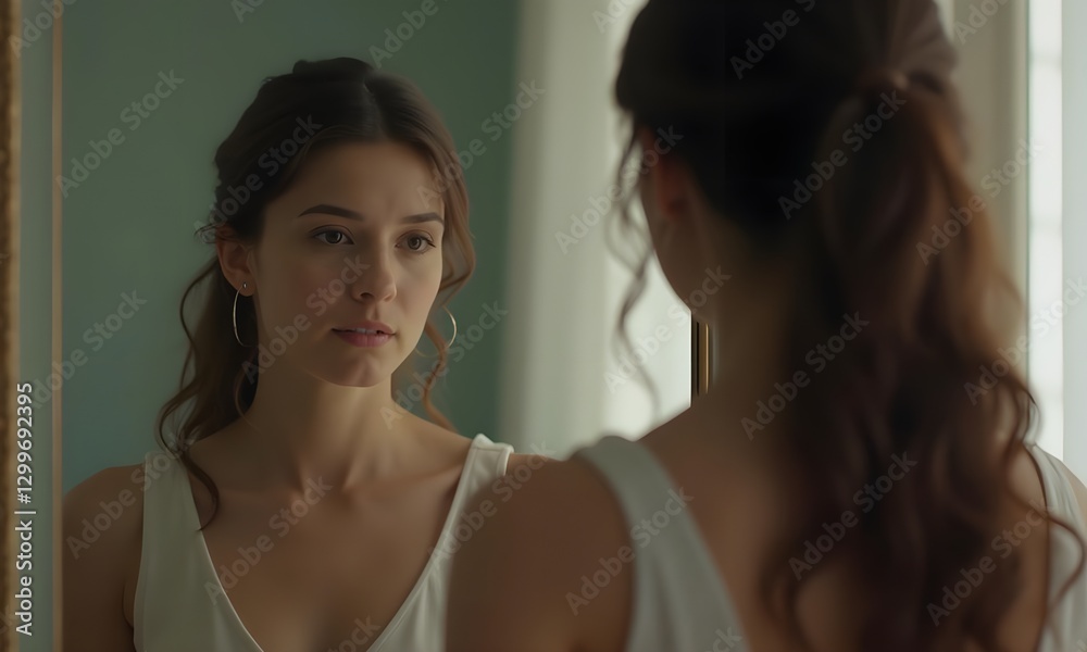 A Woman Stares into a Mirror, Struggling to Recognize Herself A Woman Stares into a Mirror, Struggling to Recognize Herself
