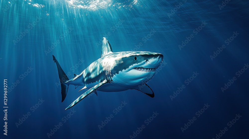 Fototapeta premium Majestic great white shark swimming in ocean depths underwater photography natural environment serene viewpoint