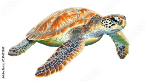 Detailed illustration of a green sea turtle swimming.