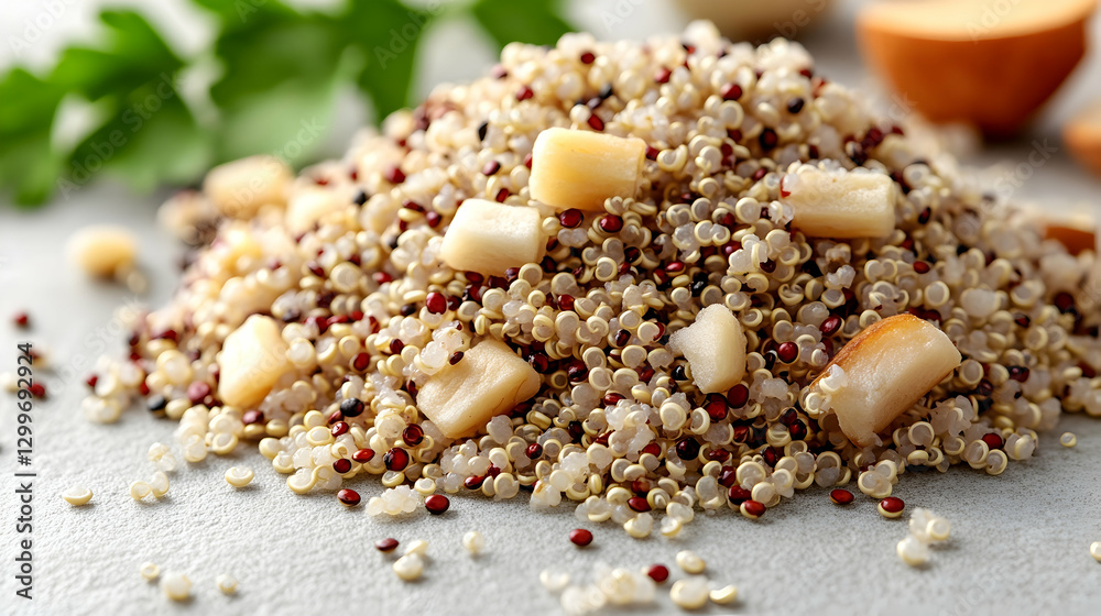 Quinoa salad with scallops on countertop Quinoa salad with scallops on countertop