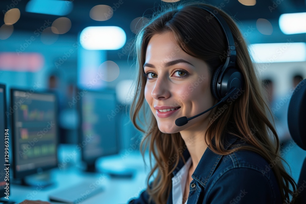 Professional Young Woman with Long Brown Hair Engaged in Customer Support at a Modern Call Center, Exuding Confidence and Approachability Professional Young Woman with Long Brown Hair Engaged in Customer Support at a Modern Call Center, Exuding Confidence and Approachability