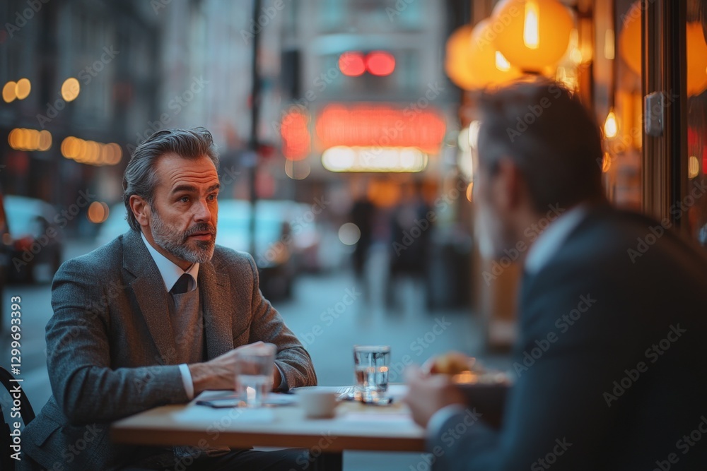 Business meeting between two men at a street-side café in an urban area during twilight hours Business meeting between two men at a street-side café in an urban area during twilight hours