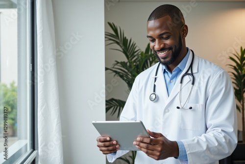 Smiling African American Male Doctor in Medical Coat Engaging with Digital Tablet in Modern Healthcare Office With Lush Greenery in the Background