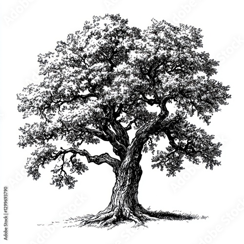 Detailed ink drawing of a large, majestic oak tree.