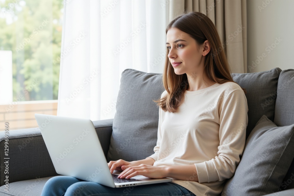 Young Adult Caucasian Woman Working from Home on a Laptop While Relaxing on a Couch in a Cozy Living Room Environment with Natural Light Streaming Through Windows Young Adult Caucasian Woman Working from Home on a Laptop While Relaxing on a Couch in a Cozy Living Room Environment with Natural Light Streaming Through Windows