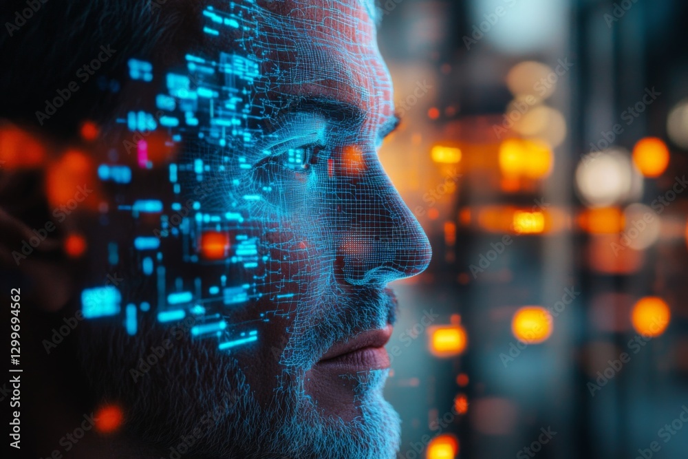 Digital transformation of a man with facial recognition elements against a modern city backdrop at twilight Digital transformation of a man with facial recognition elements against a modern city backdrop at twilight