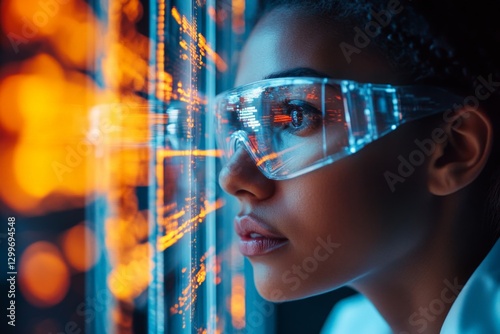 Wallpaper Mural Young woman explores technology in a futuristic lab with digital displays during nighttime hours Torontodigital.ca