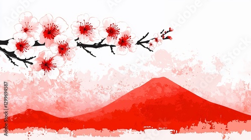 Red Mountain Landscape with Delicate White Cherry Blossoms Watercolor Painting