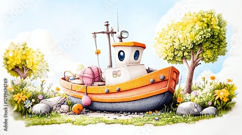 Whimsical Orange and White Fishing Boat in a Flowery Landscape