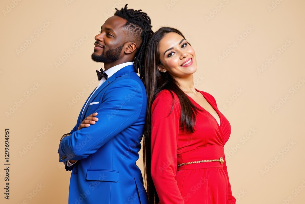 Elegant Couple in Formal Attire: A Smiling Afro-American Man in Blue Suit and a Confident Hispanic Woman in Red Dress Posing Together Against a Beige Background Elegant Couple in Formal Attire: A Smiling Afro-American Man in Blue Suit and a Confident Hispanic Woman in Red Dress Posing Together Against a Beige Background