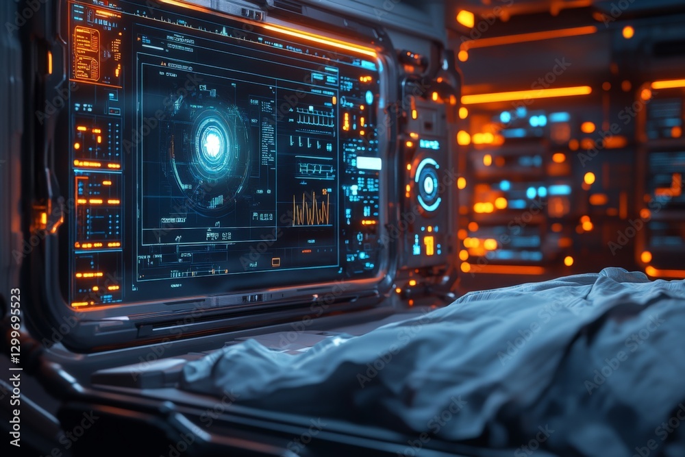 Fototapeta premium Futuristic medical bay with advanced technology and glowing interface in a sci-fi setting