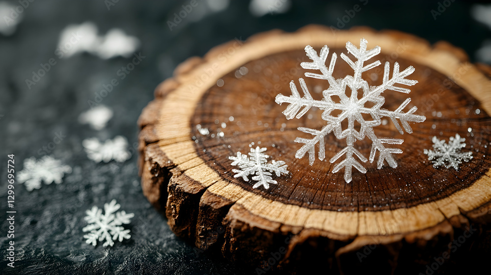 Snowy Snowflake on Wooden Slice Snowy Snowflake on Wooden Slice