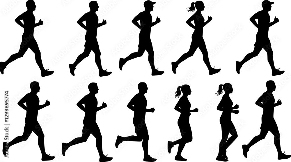 Running men and women, isolated vector silhouettes. Run, side view. Silhouettes of athletic looking male and female runners running. EPS 10 version. Running men and women, isolated vector silhouettes. Run, side view. Silhouettes of athletic looking male and female runners running. EPS 10 version.
