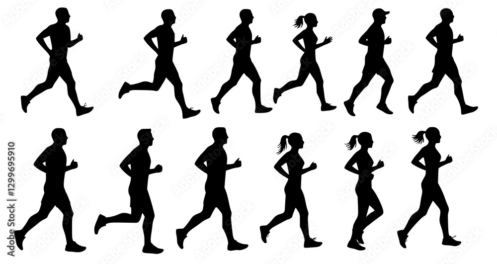 Running men and women, isolated vector silhouettes. Run, side view. Silhouettes of athletic looking male and female runners running. Transparent PNG version. Running men and women, isolated vector silhouettes. Run, side view. Silhouettes of athletic looking male and female runners running. Transparent PNG version.